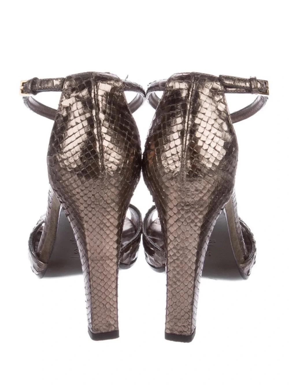 Gucci Metallic Taupe Snake-Embossed Daisy T-Strap Heels - Picture 4 of 5